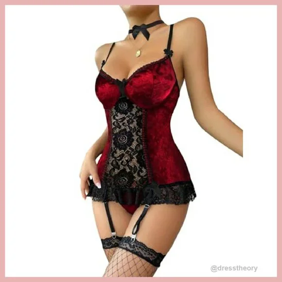 Sexy Lace Babydoll Corset Teddy Lingerie Set with Garter Belt - Picture 4 of 8
